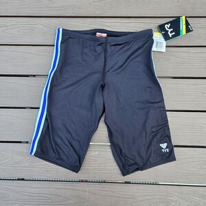TYR Durafast Lite Mens Solid Brites Jammer Swimsuit Drawstring Black Blue 32 New